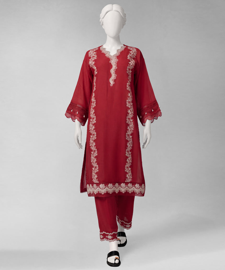 J. Original 50% Off – Red Embroidered Cambric Unstitched 2Pc