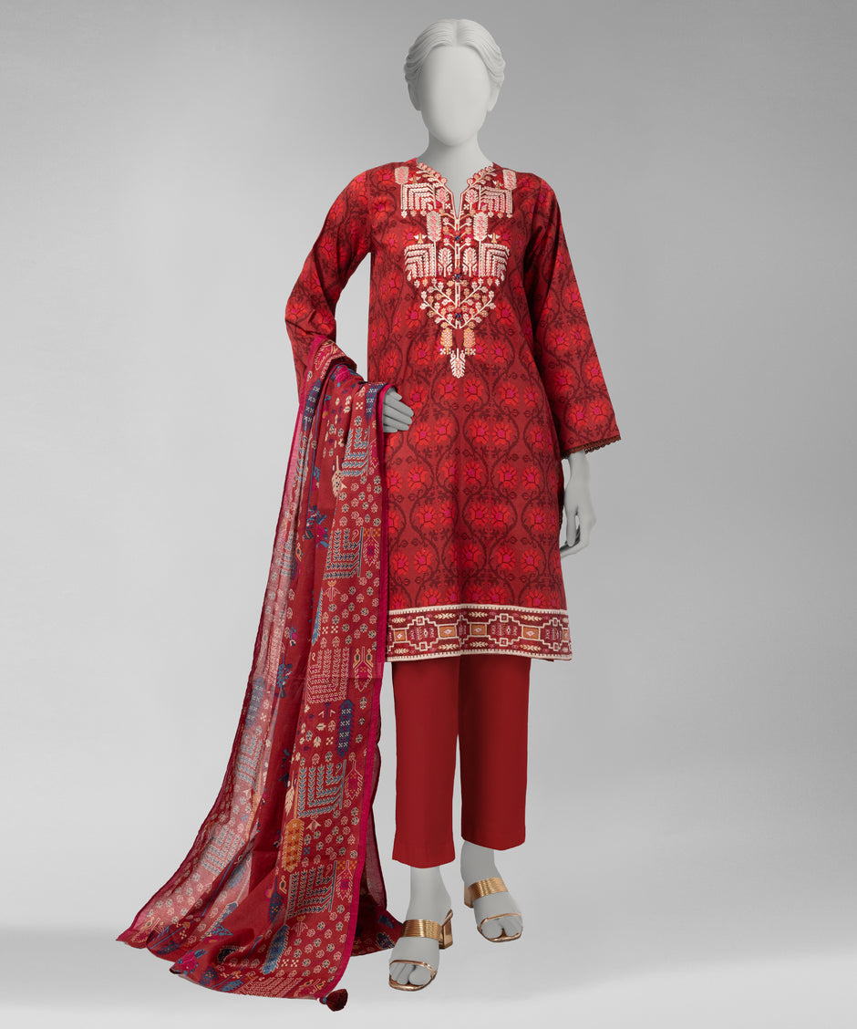 J. Original 70% Off – Red Embroidered Cambric Unstitched 3Pc