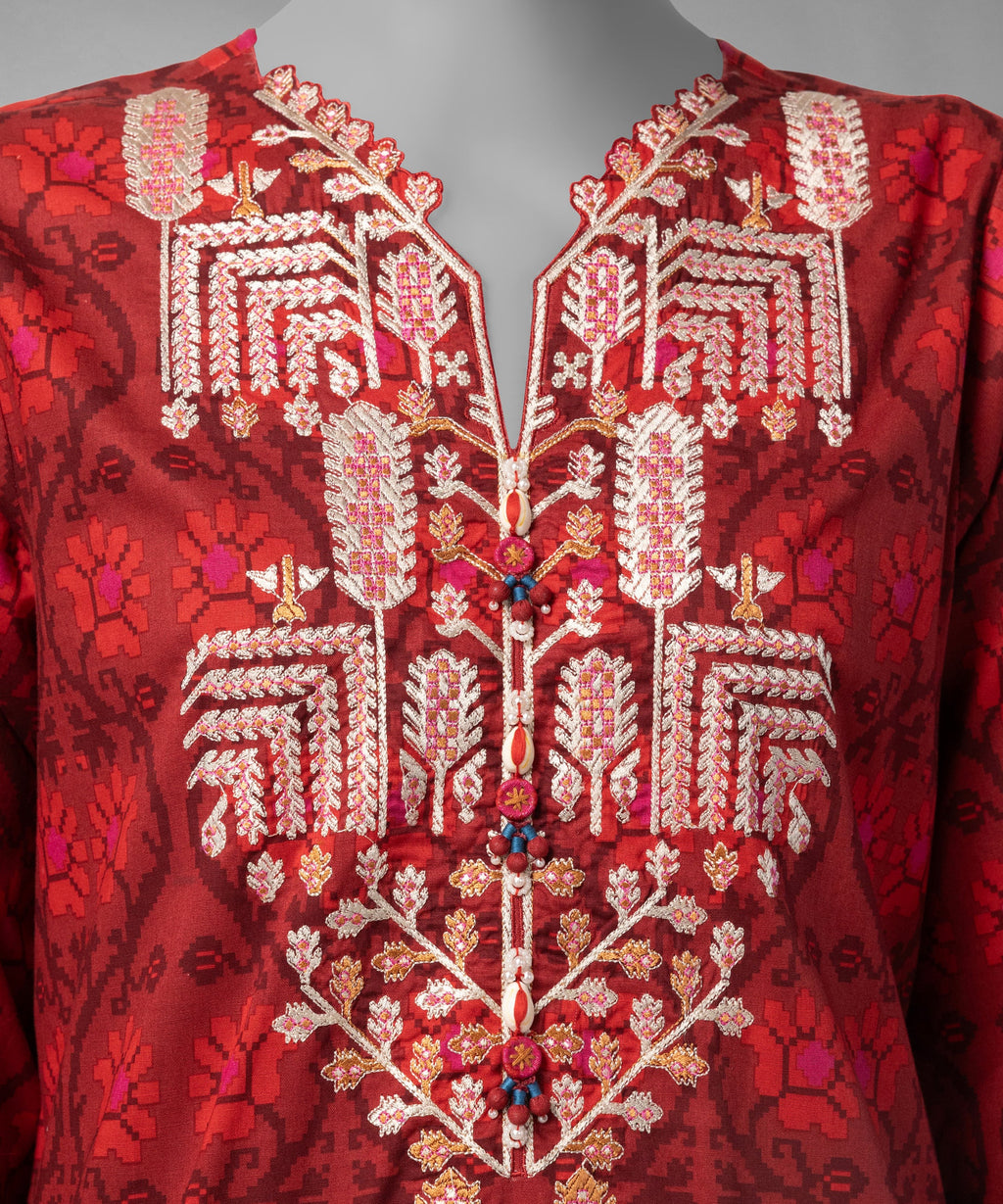 J. Original 70% Off – Red Embroidered Cambric Unstitched 3Pc