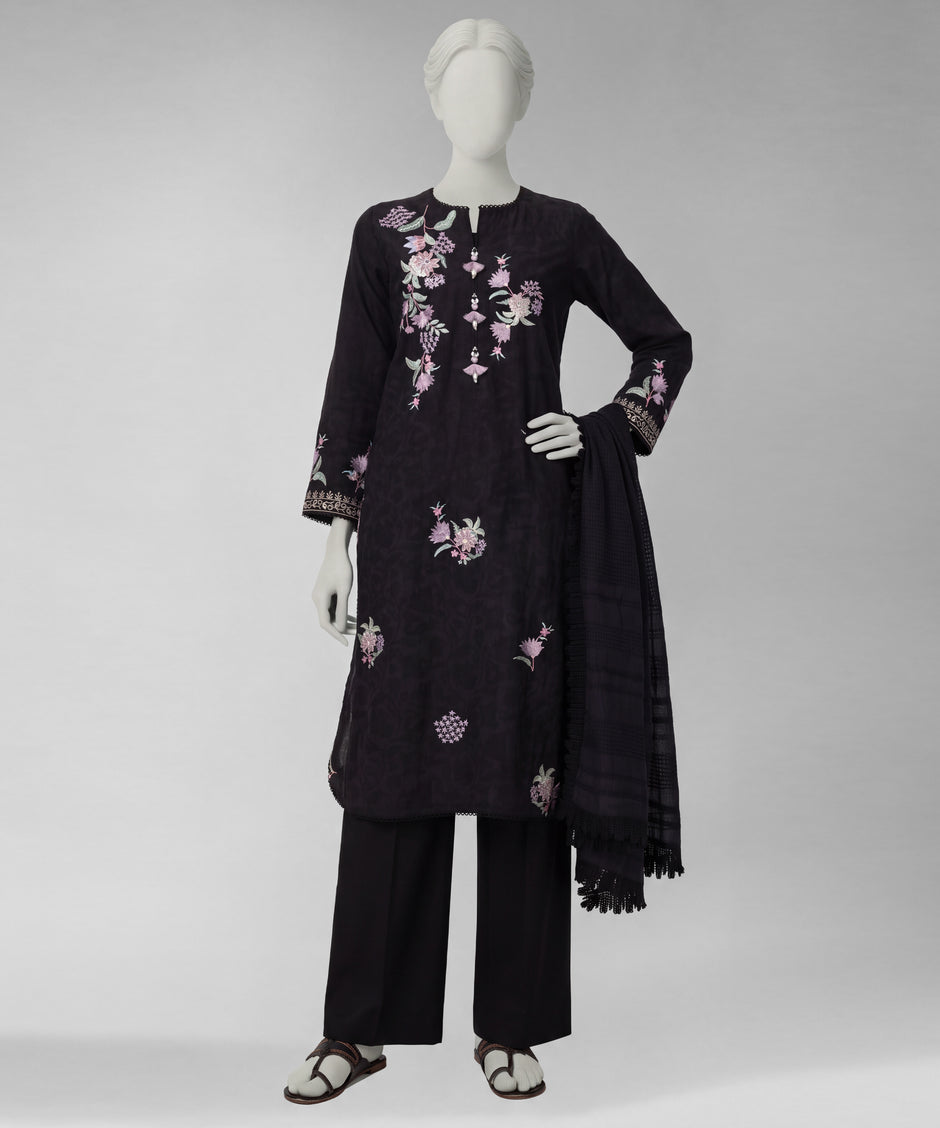 J. Original 70% Off – Black Embroidered Dobby Unstitched 3Pc